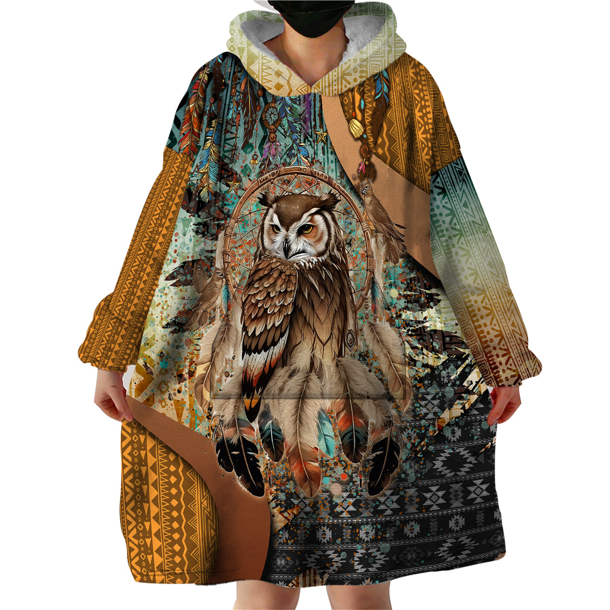 Native American Dreamcatcher Owl and Feathers Wearable Blanket Hoodie - Wonder Print Shop
