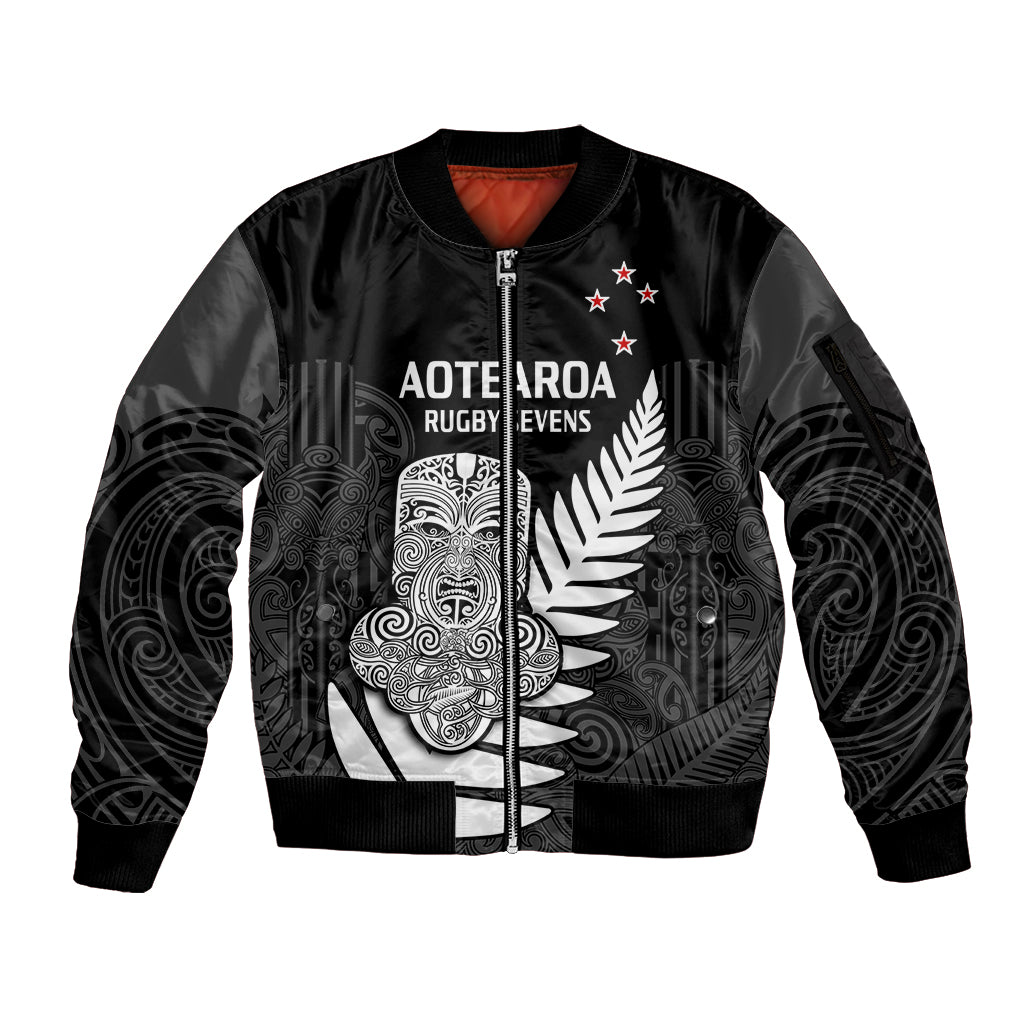 (Custom Text And Number) Aotearoa Rugby Sevens All Black Tiki Fern Sleeve Zip Bomber Jacket - Wonder Print Shop