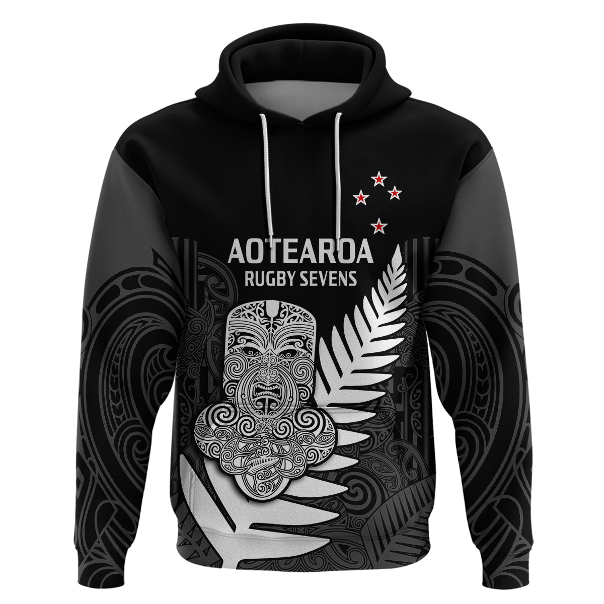 Custom Aotearoa Rugby Sevens All Black Tiki Fern Hoodie - Wonder Print Shop