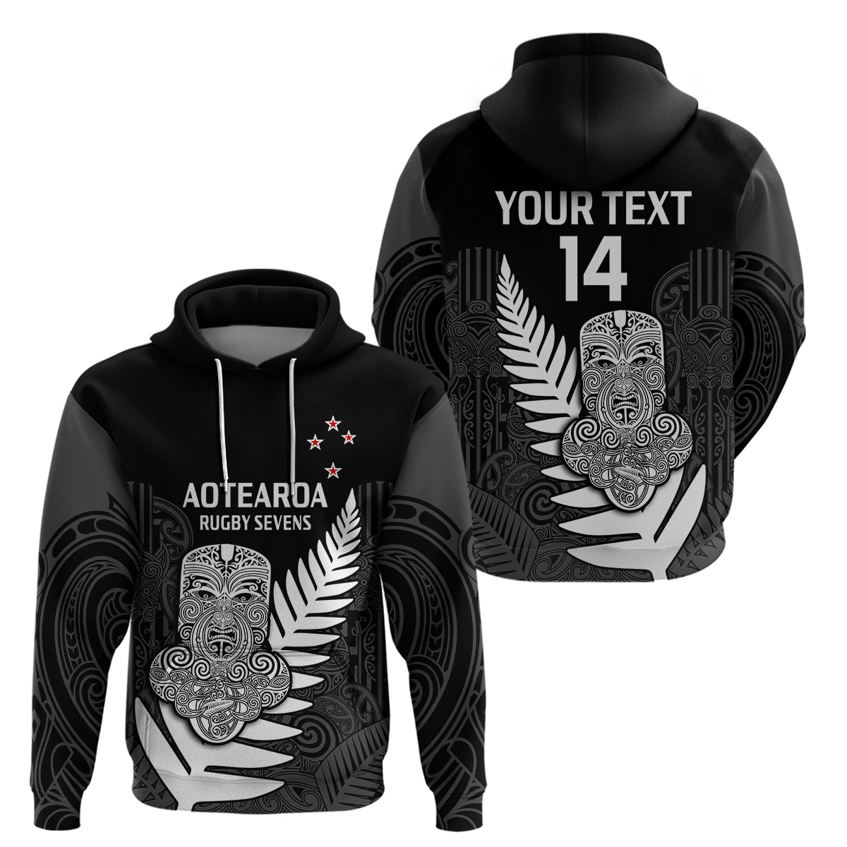 Custom Aotearoa Rugby Sevens All Black Tiki Fern Hoodie - Wonder Print Shop
