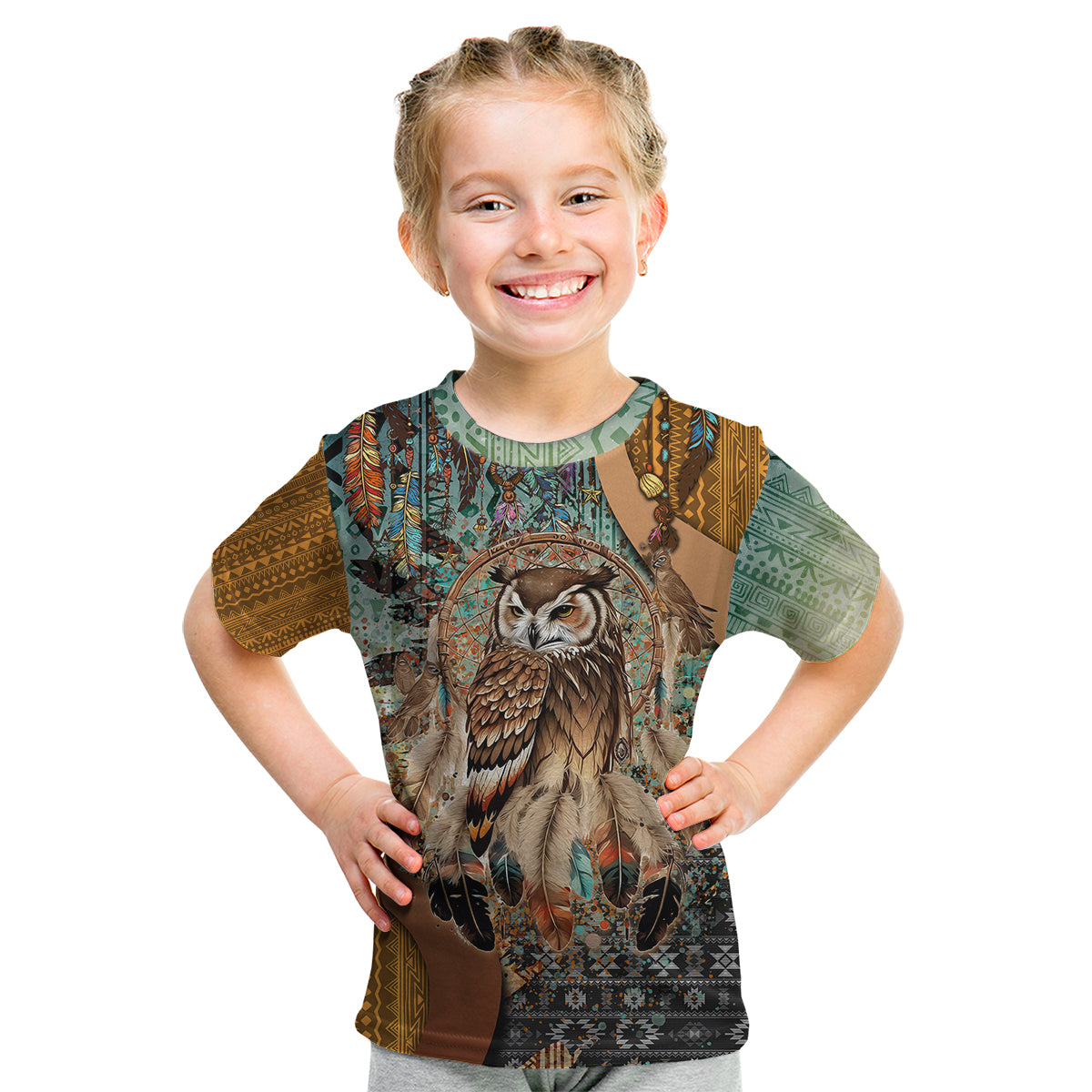 Native American Dreamcatcher Owl and Feathers Kid T Shirt - Wonder Print Shop