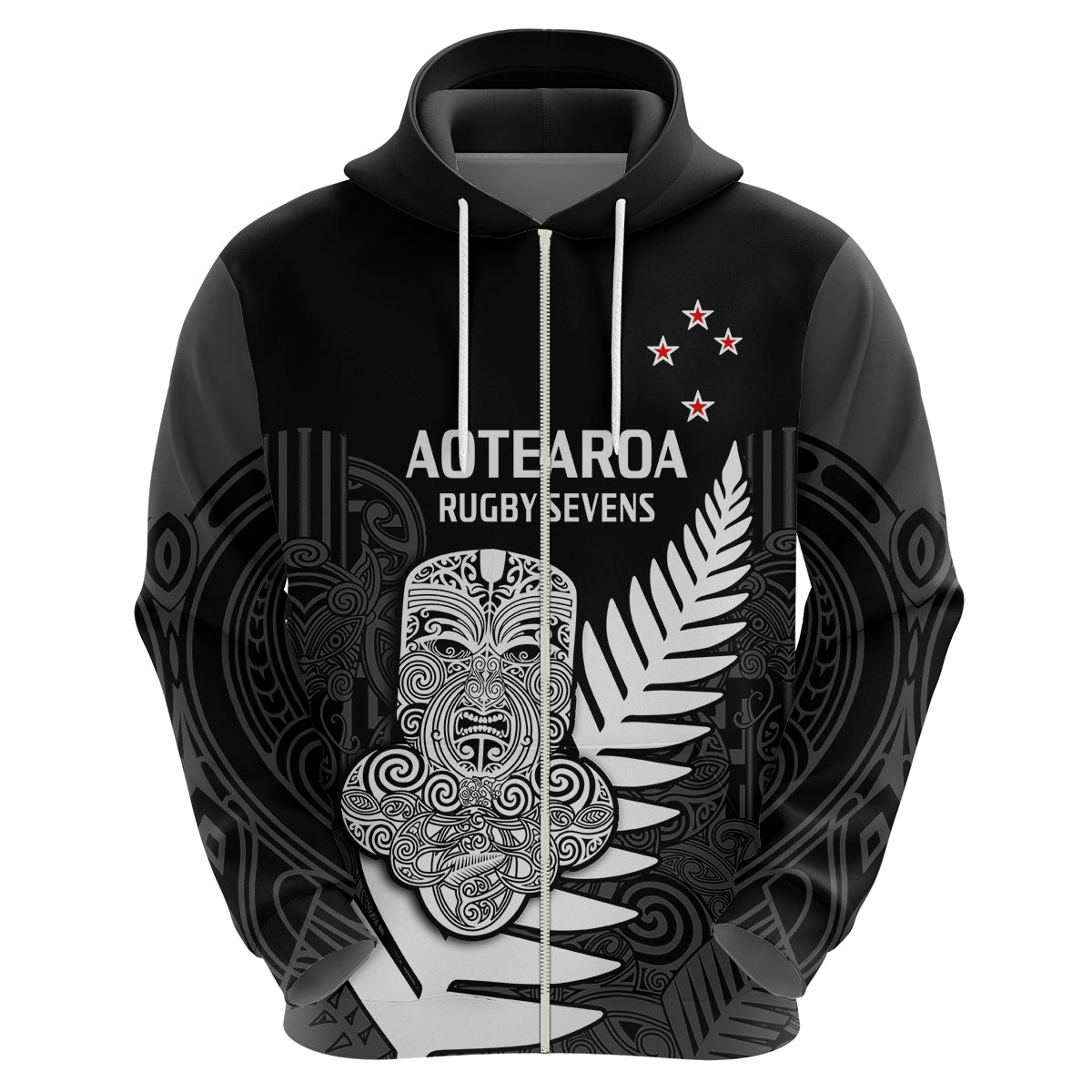 Custom Aotearoa Rugby Sevens All Black Tiki Fern Hoodie - Wonder Print Shop