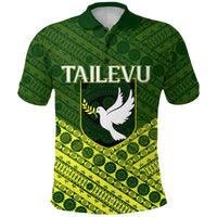 Green rugby polo with TAILEVU logo, white dove graphic, geometric tapa pattern, button collar