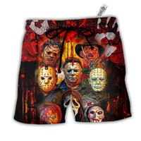 Horror graphic shorts in red and black with masked faces and dripping paint