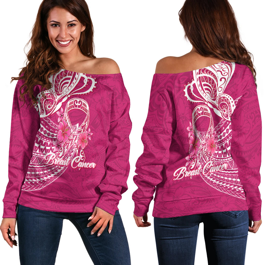 Breast Cancer Pink Ribbon Butterfly Polynesian Pink Version Women Off Shoulder Sweater LT12 - Wonder Print Shop