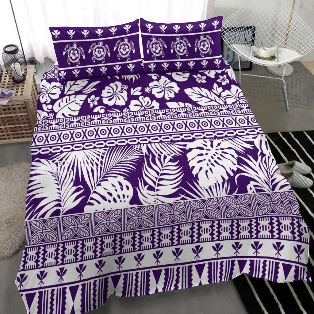 Purple & white patterned duvet with bold borders and two pillowcases