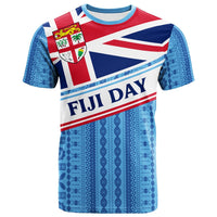 Fiji Day graphic T-shirt with flag crest, red white blue, tapa pattern; crew neck