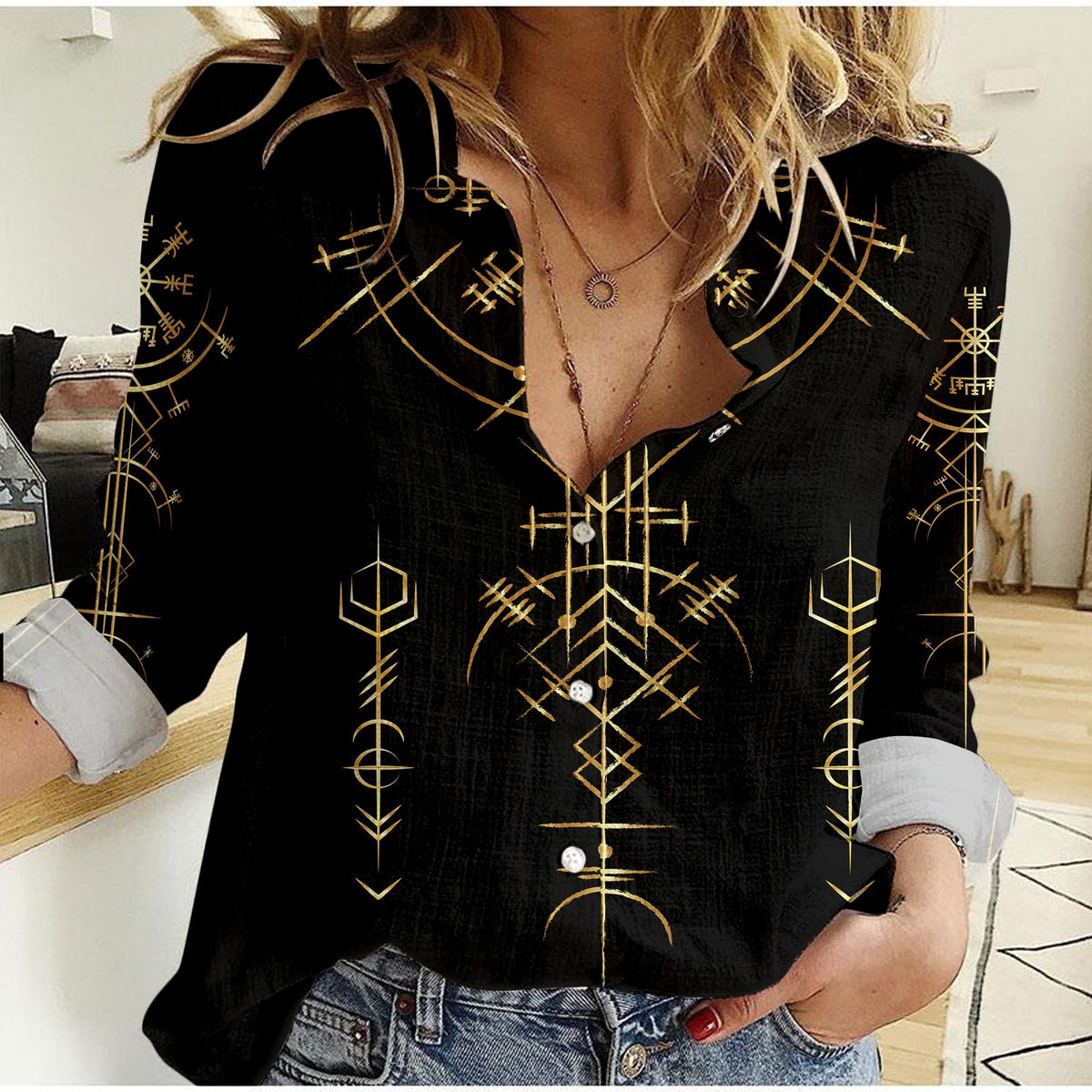 Viking Helm of Awe Gold Art Women Casual Shirt LT12 - Wonder Print Shop
