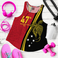Women's tank top with red and black tribal 47 Independence Day graphic, yellow stripes