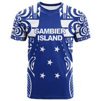 Gambier Islands tribal tattoo graphic T-shirt, blue with white lettering and stars
