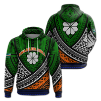 Kids green tribal pattern hoodie with hood, drawstrings, and large flower emblem on chest