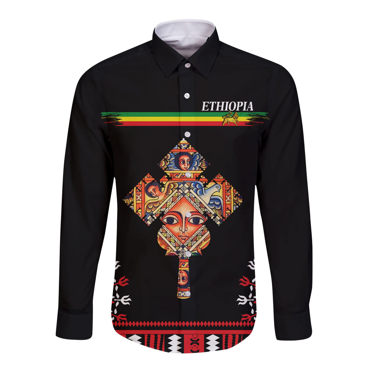 Ethiopia Long Sleeve Button Shirt - Ethiopian Cross LT13 - Wonder Print Shop