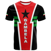 Red and black T-shirt with white lightning stripe, star logo and vertical GAMBELA print