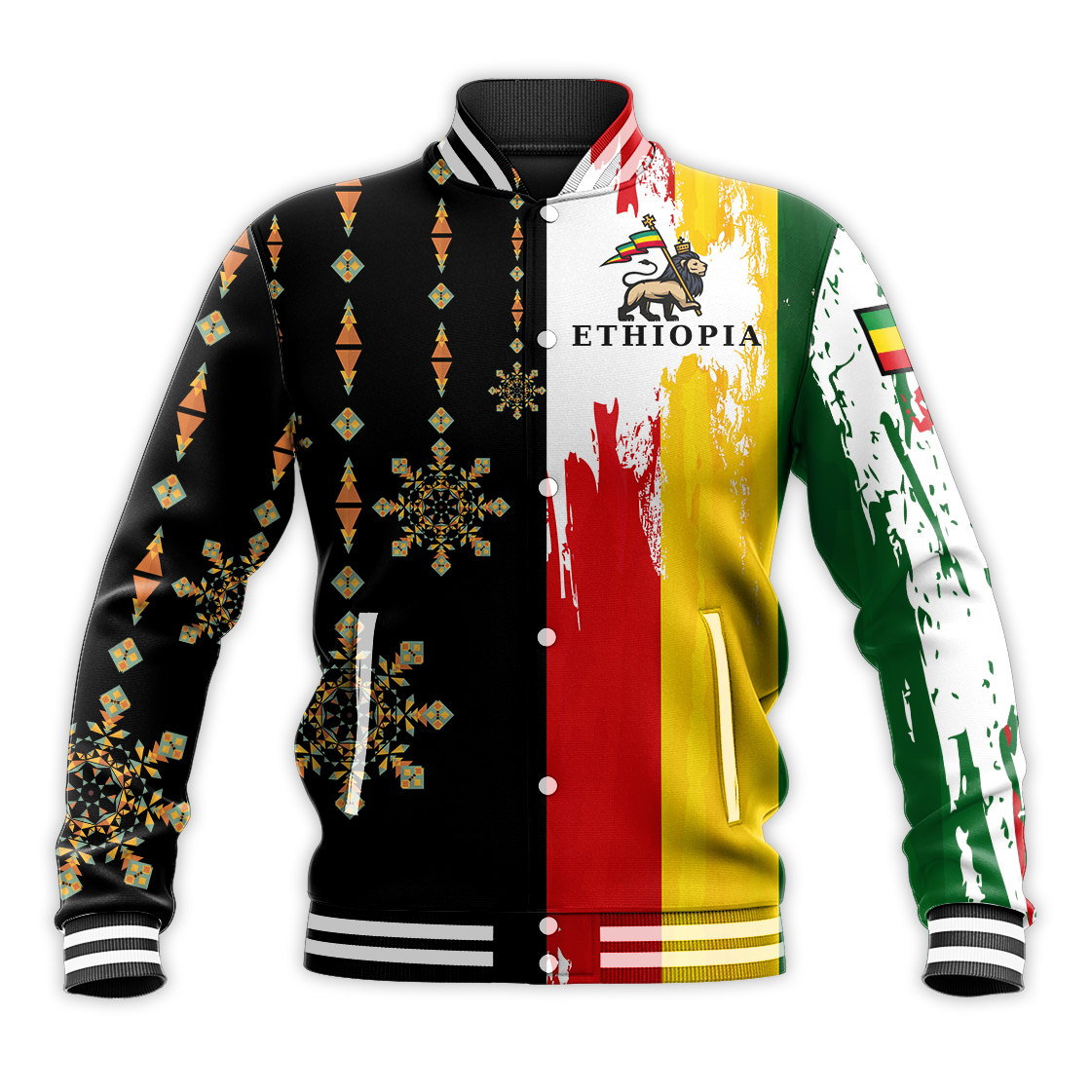 Ethiopia Baseball Jacket Flag's Color With Aztec Pattern LT20 - Wonder Print Shop