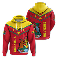 Red pullover hoodie with yellow hood, white drawstrings, and large front crest graphic.