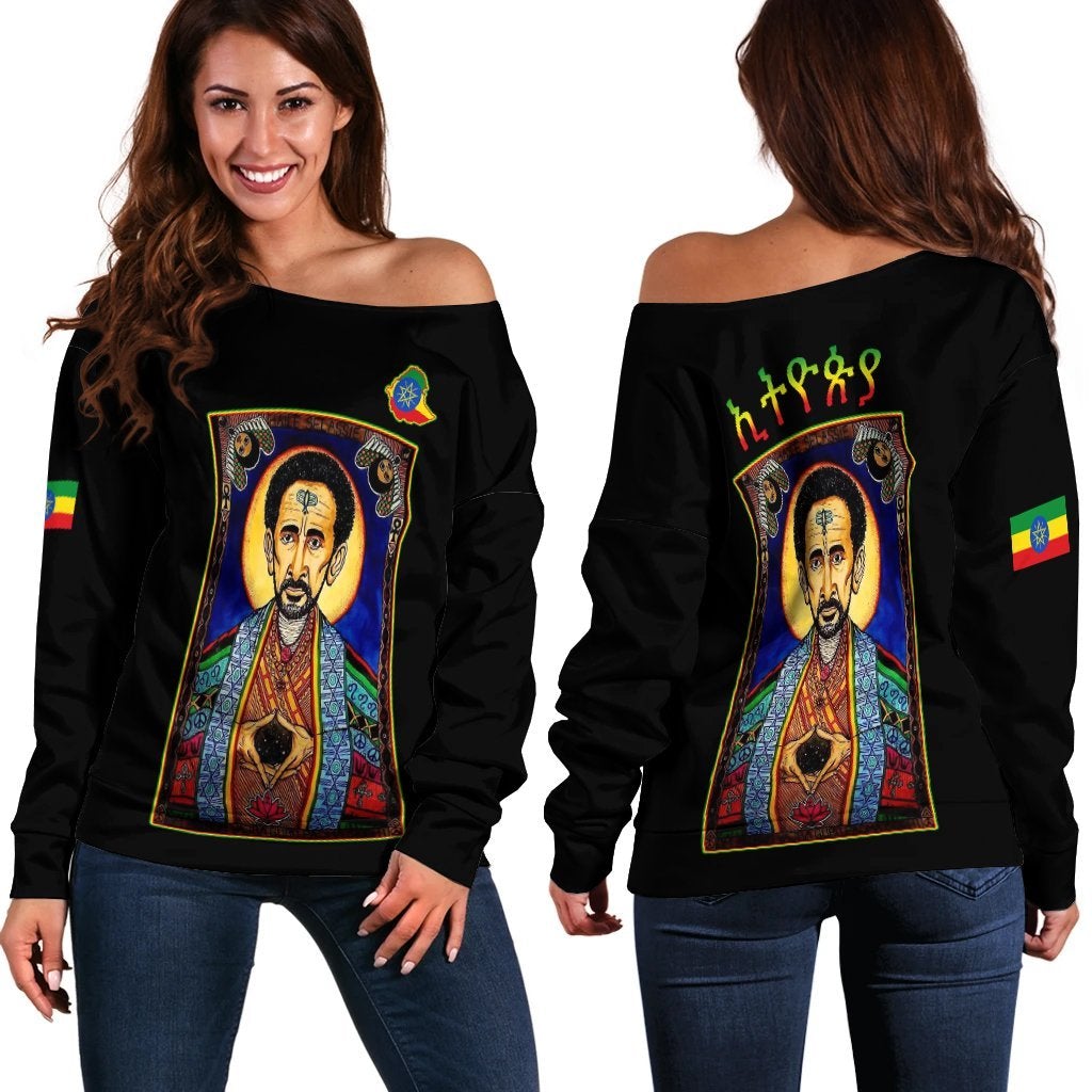 Ethiopia Proud Off Shoulder Sweater Haile Selassie I LT13 - Wonder Print Shop
