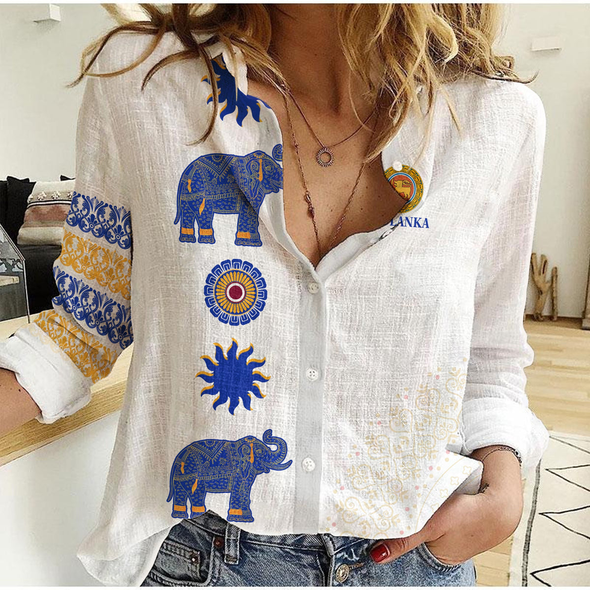 Sri Lanka Women Casual Shirt Traditional Pattern and Elephants LT13 - Wonder Print Shop