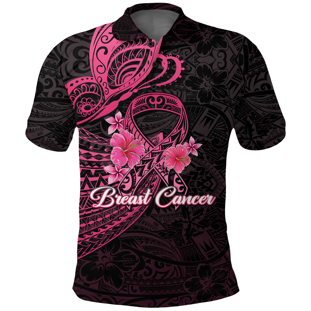 Breast Cancer Pink Ribbon Butterfly Polynesian Black Version Polo Shirt LT12 - Wonder Print Shop