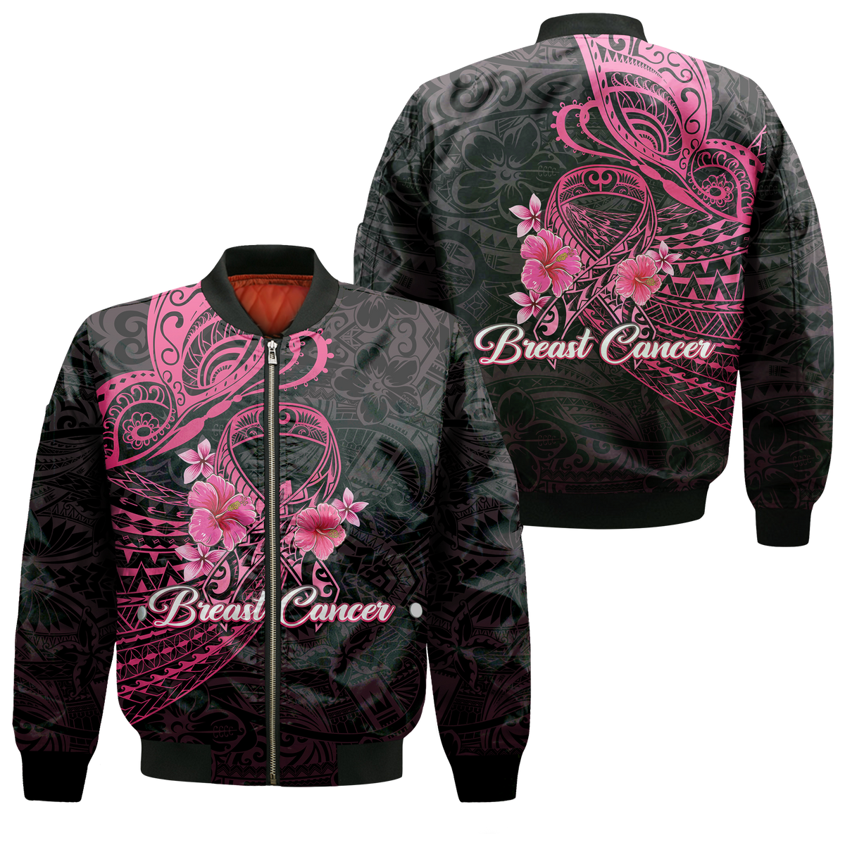 Breast Cancer Pink Ribbon Butterfly Polynesian Black Version Bomber Jacket LT12 - Wonder Print Shop