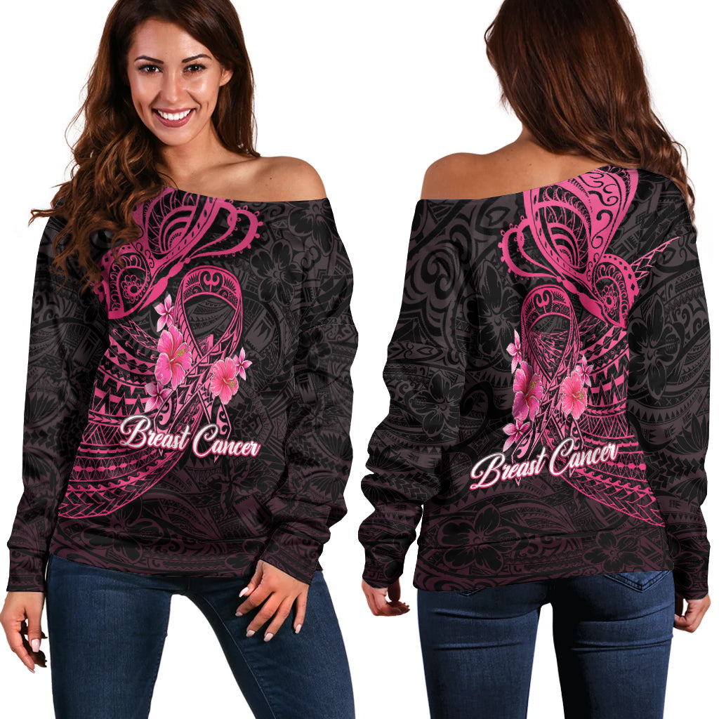Breast Cancer Pink Ribbon Butterfly Polynesian Black Version Women Off Shoulder Sweater LT12 - Wonder Print Shop