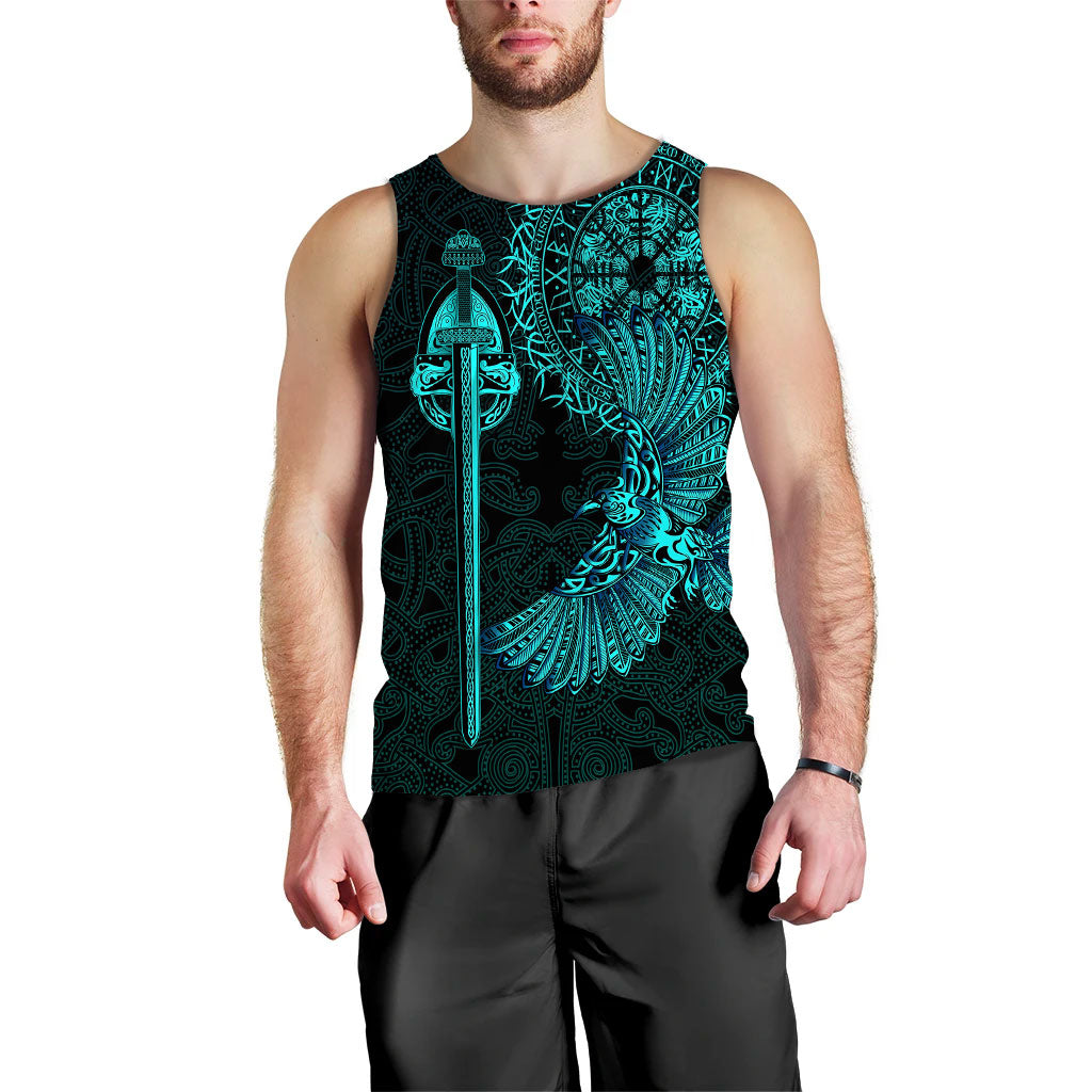 Men’s black tank top with turquoise Viking raven and sword print, crew neck front