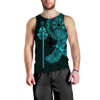 Men’s black tank top with turquoise Viking raven and sword print, crew neck front