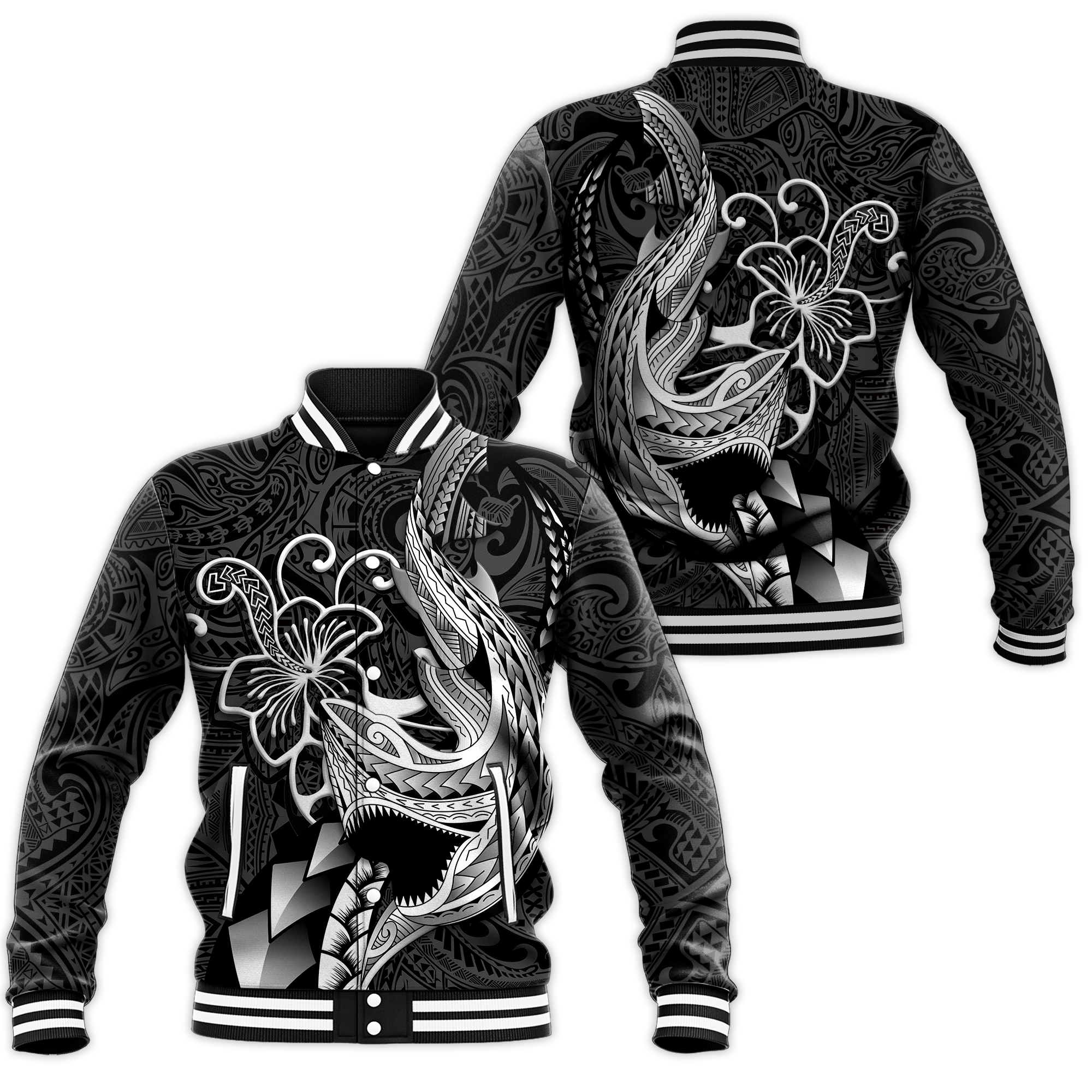 Polynesian Shark Tattoo Hawaii Tribal Baseball Jacket - LT12 - Wonder Print Shop