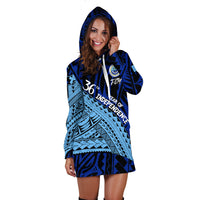 Blue hoodie dress with drawstring hood, 36th independence graphic, long sleeves