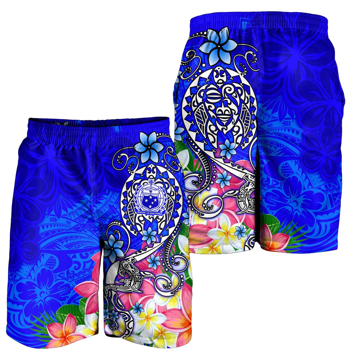 Two blue men's swim shorts with turtle emblem and colorful plumeria floral print