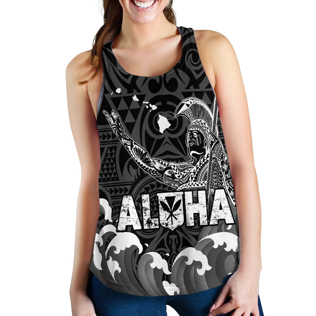 Black tank top with U-neckline and bold Hawaii graphic with waves and figure