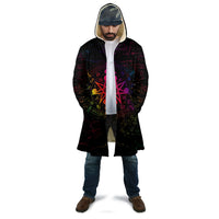 Unisex black hooded cloak with multicolor rune and pentagram print, front view
