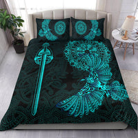 Black duvet cover set with teal Viking raven sword and ornate circular tattoo design