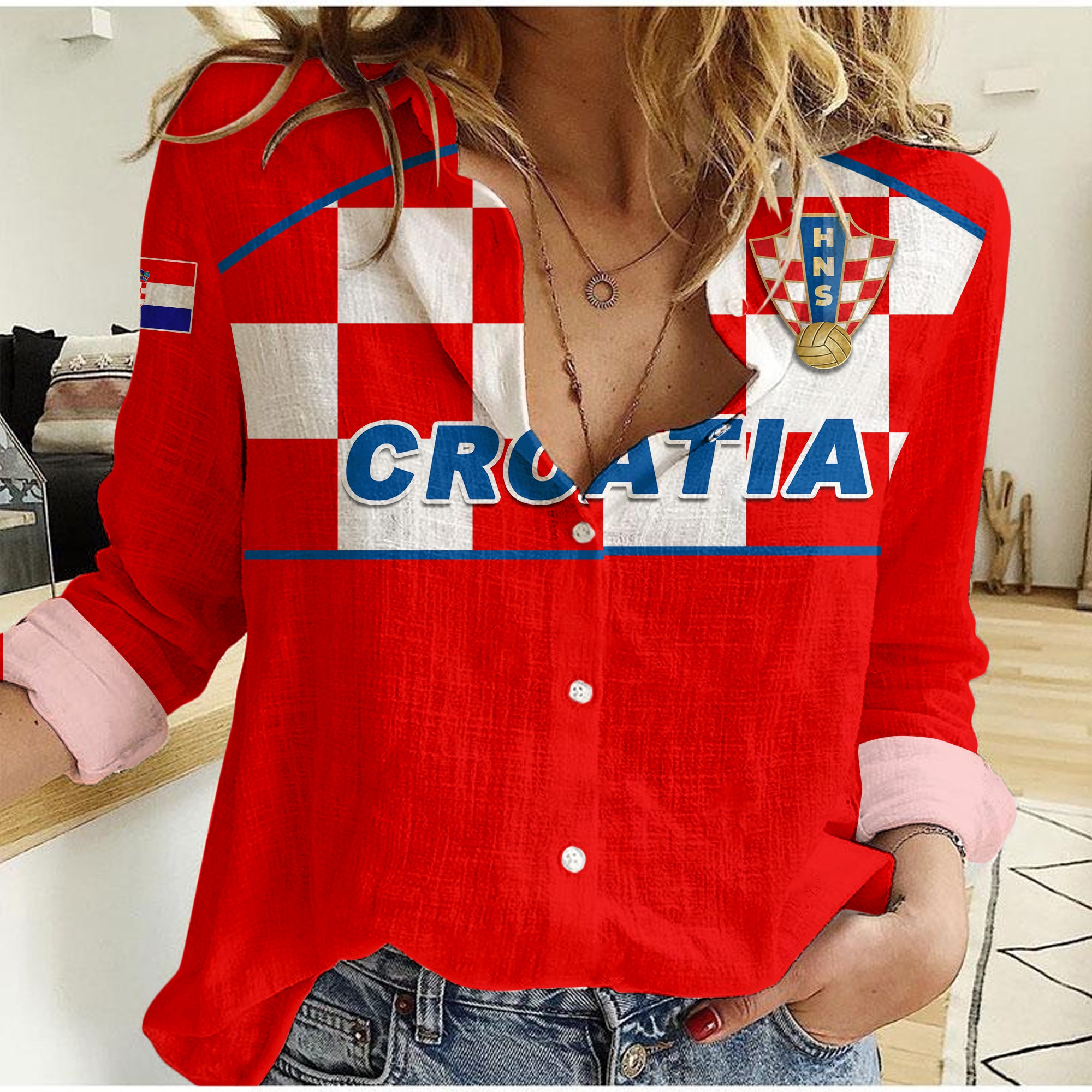 (Custom Personalised) Croatia Football 2022 Checkerboard Women Casual Shirt 