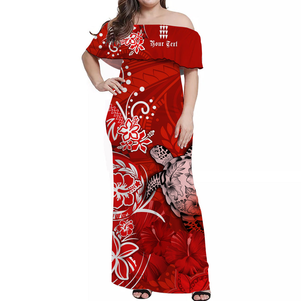 custom-personalised-hawaii-off-shoulder-long-dress-polynesia-red-sea-turtle-honu-and-hibiscus