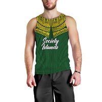 Green men’s tank top with yellow geometric yoke; Society Islands logo at chest