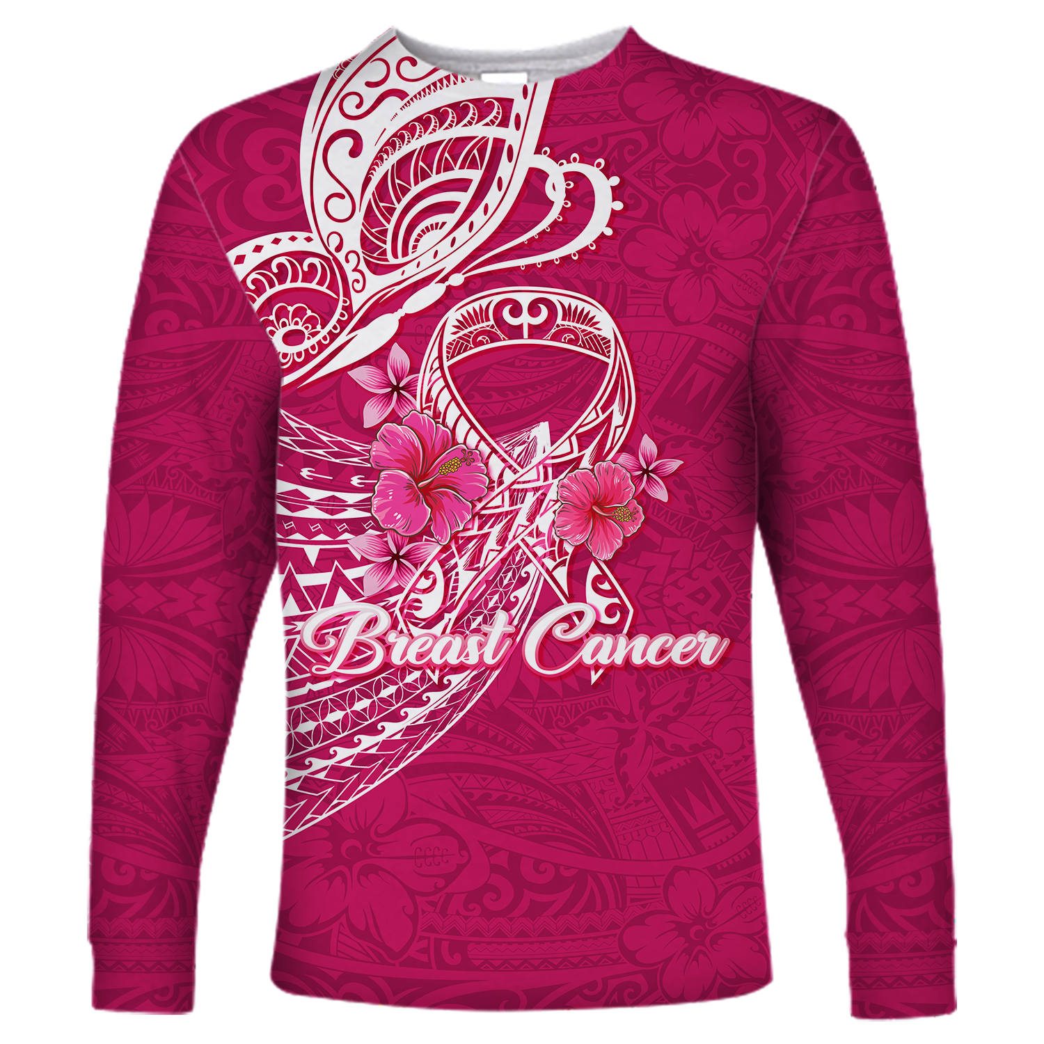 Custom Personalised Breast Cancer Pink Ribbon Butterfly Polynesian Pink Version Long Sleeve Shirt LT12 - Wonder Print Shop