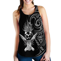 Women's black tank top with tribal owl and feather graphic, scoop neckline