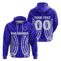 Blue hoodie with RAKAHANGA front print and white tribal pattern, hood strings
