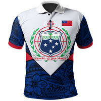 White polo with blue sleeves, front Samoa crest and text design