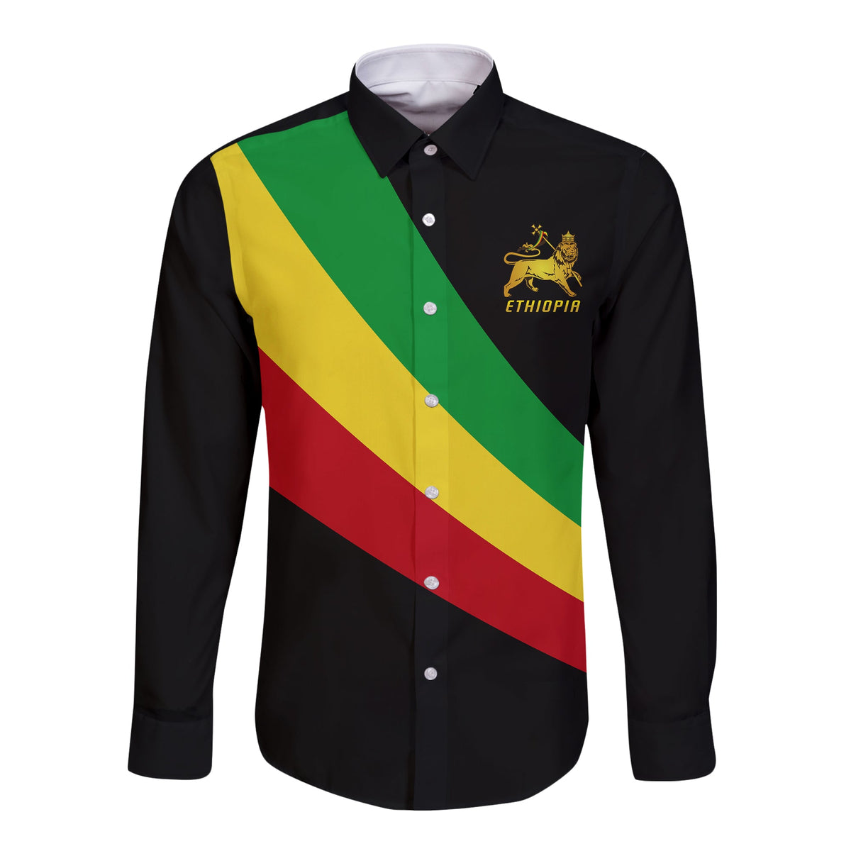 (Custom Personalised) Ethiopia Special Flag Long Sleeve Button Shirt Black LT13 - Wonder Print Shop