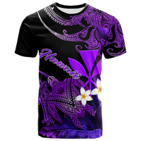 Black graphic T-shirt with purple turtle and white plumeria flowers