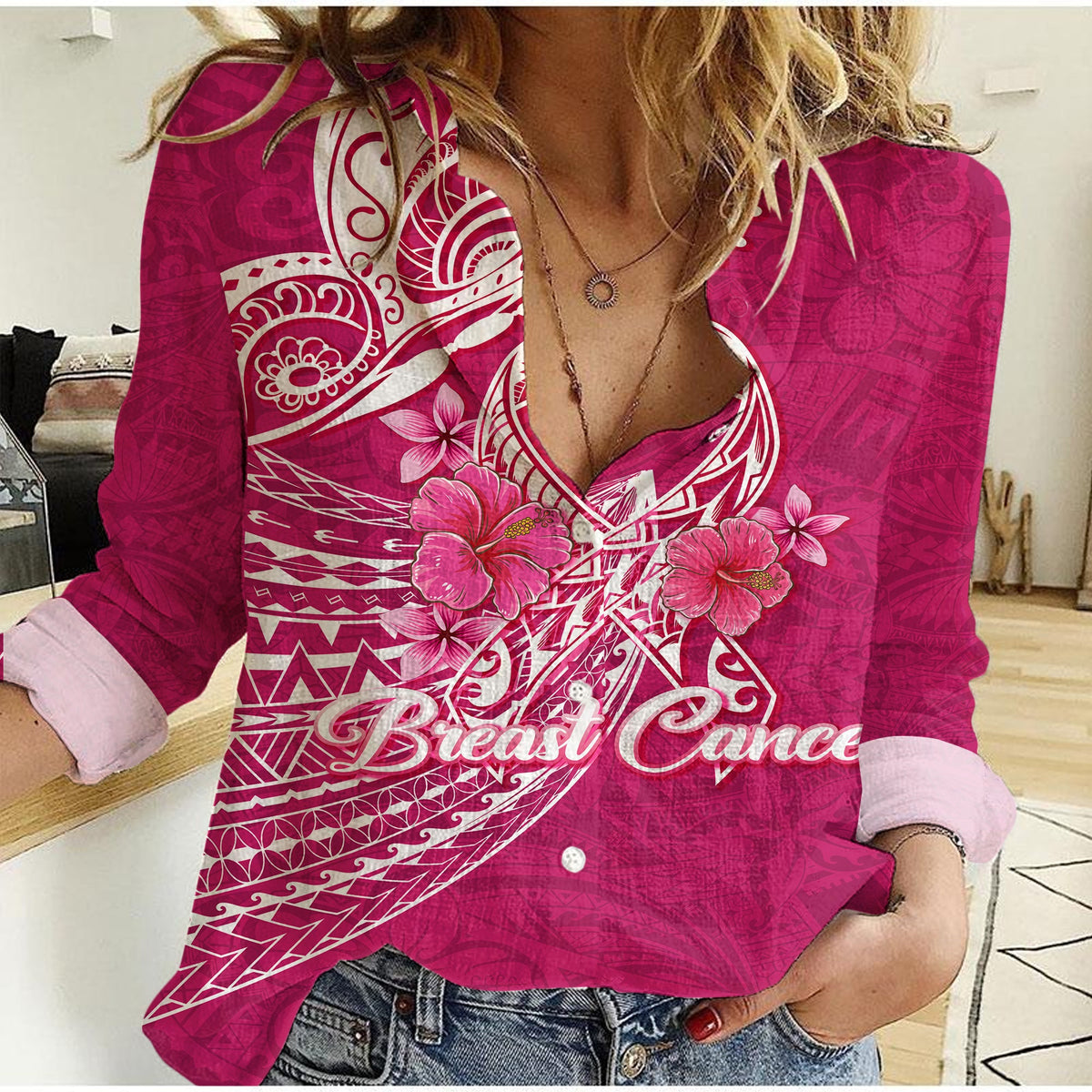 Custom Personalised Breast Cancer Pink Ribbon Butterfly Polynesian Pink Version Women Casual Shirt LT12 - Wonder Print Shop