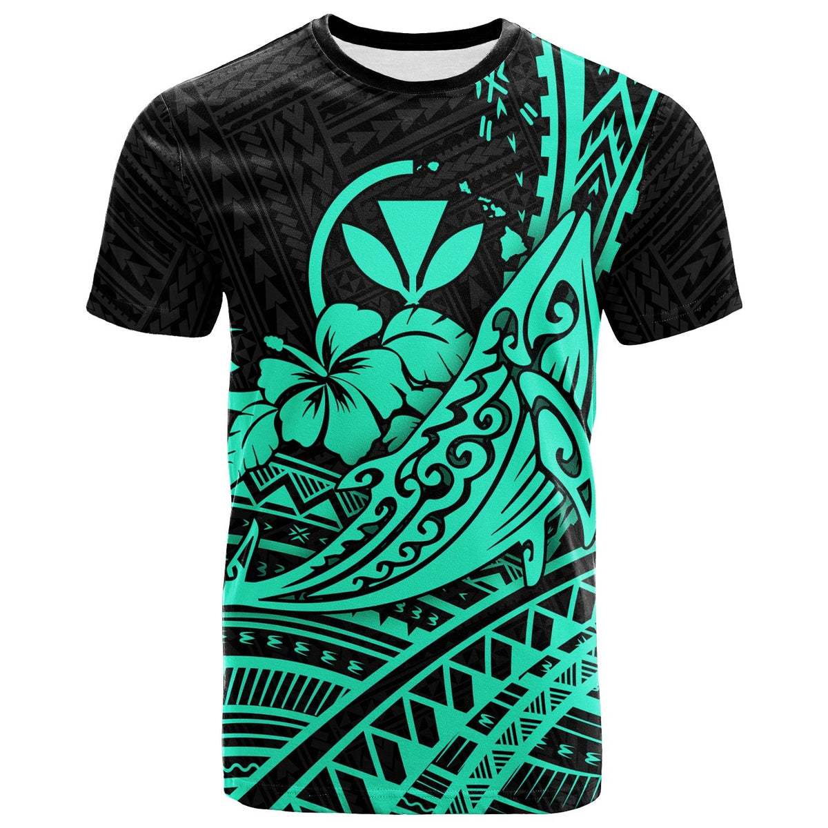 Hawaii Humpback Whale With Hibiscus Tribal Turquoise T Shirt LT12 - Wonder Print Shop