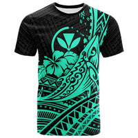 Black crewneck T-shirt with turquoise hula whale and hibiscus tribal graphic
