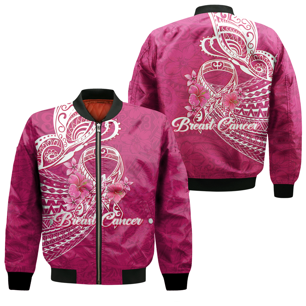 Breast Cancer Pink Ribbon Butterfly Polynesian Pink Version Bomber Jacket - LT12 - Wonder Print Shop