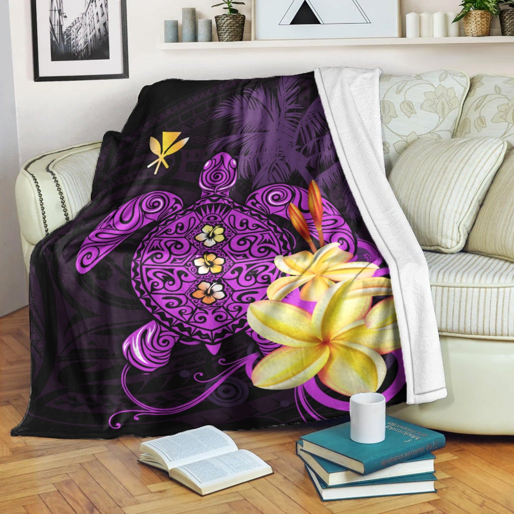 Purple Hawaiian turtle blanket with mandala center and large yellow plumeria flower