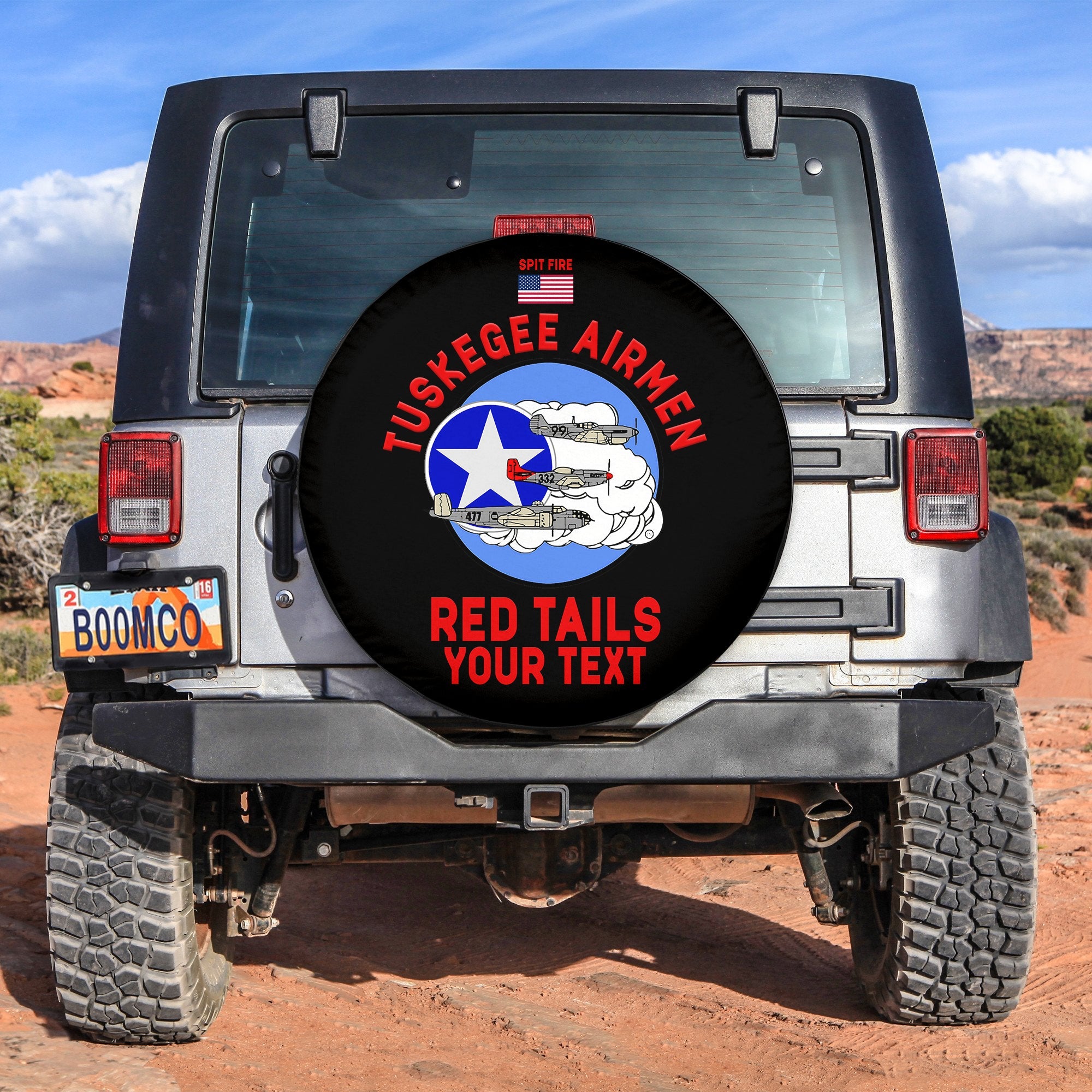 (Custom Personalised) Tuskegee Airmen Spare Tire Cover US Military Black Red Tails Ver.01 LT13 - Wonder Print Shop