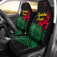 Black car seat covers with green patterns, red hibiscus, and “Espíritu Santo” text