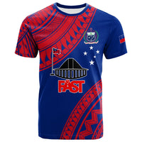 Blue T-shirt with red Samoan pattern sleeves and FAST logo front graphic