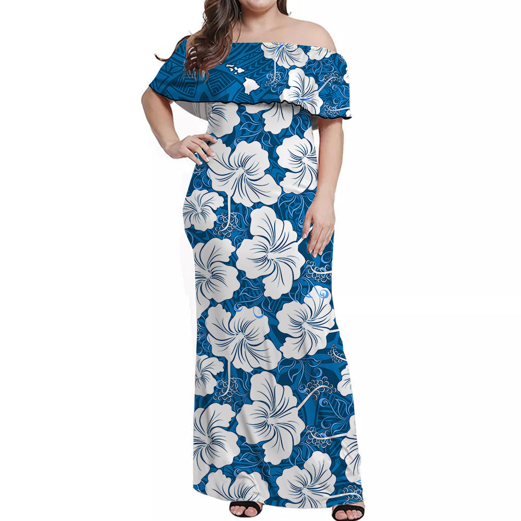 custom-personalised-hawaii-off-shoulder-long-dress-blue-simple-tropical-flowers